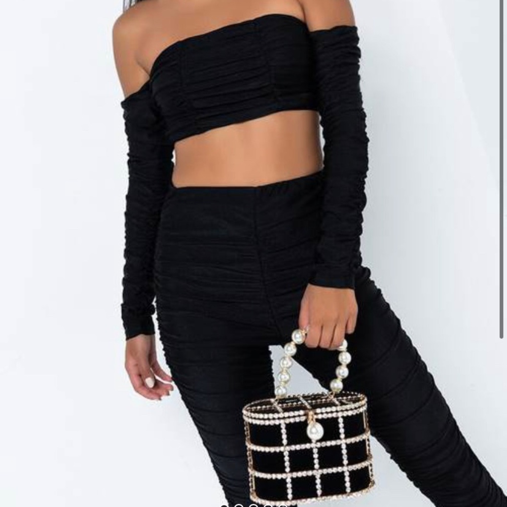 Ruched off the shoulder top and ruched pants set